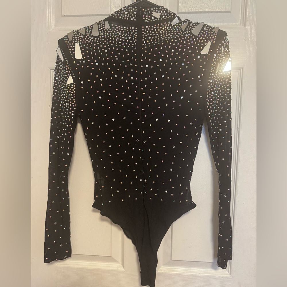 Black Long Sleeve mesh Bodysuit with Mirror Accents - Picture 3 of 5